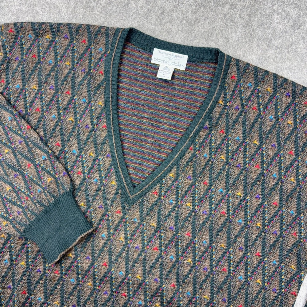 VTG‎ Tricots St Raphael Sweater Mens Medium Wool Geometric V-Neck 90s Grandpa